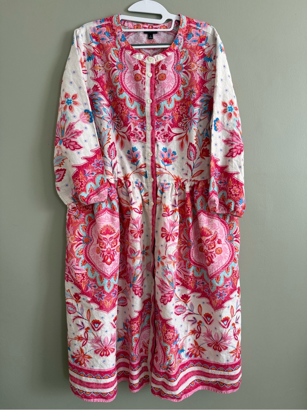 Talbots Paradise Garden Linen Cotton Floral Midi Dress Size 16 Plus Pink Boho